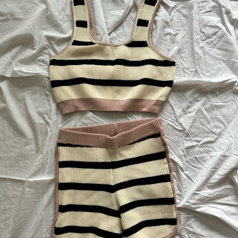 Cream and Black Striped Pajama Set with Crop Top